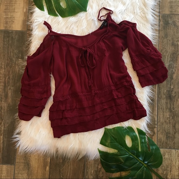 American Eagle Outfitters Tops - American Eagle Merlot Cold Shoulder Ruffle Top Med